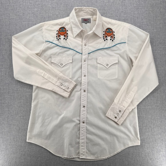 VTG 80s Ely Diamond Western Thunderbird Embroidered Pearl Snap Shirt Men L White - Picture 2 of 11